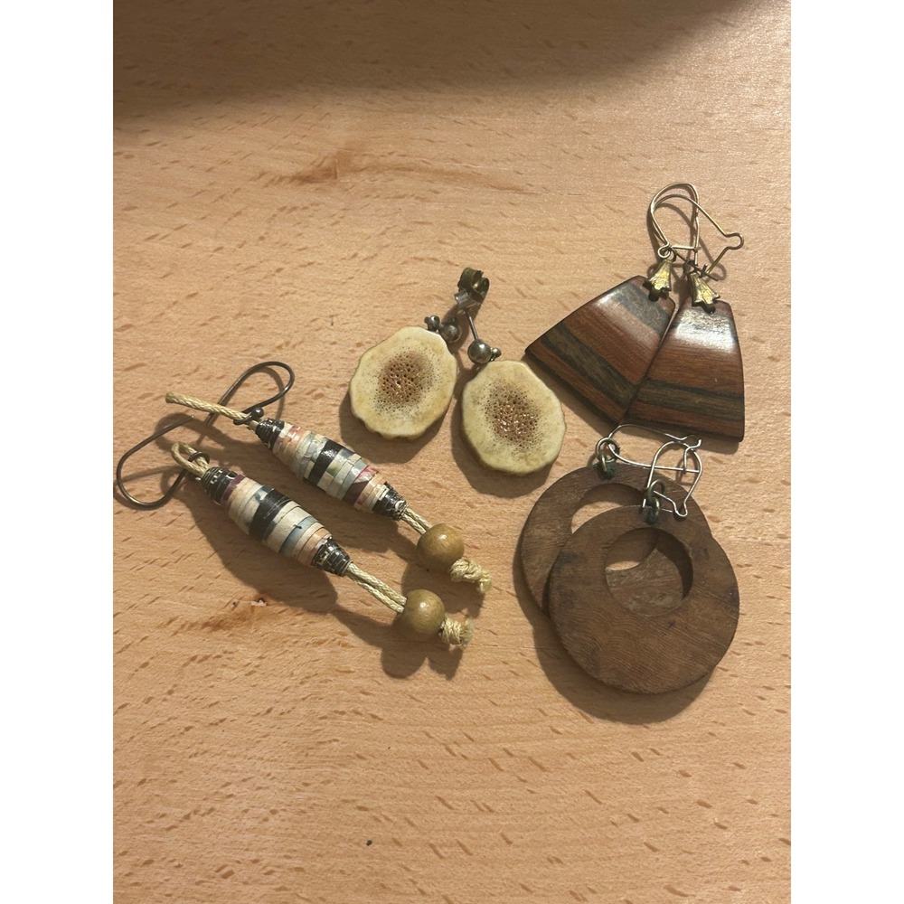 Mixed Lot 4 Pairs Boho Earrings Wood Bone Paper Bead Geometric Hoop Dangle Set